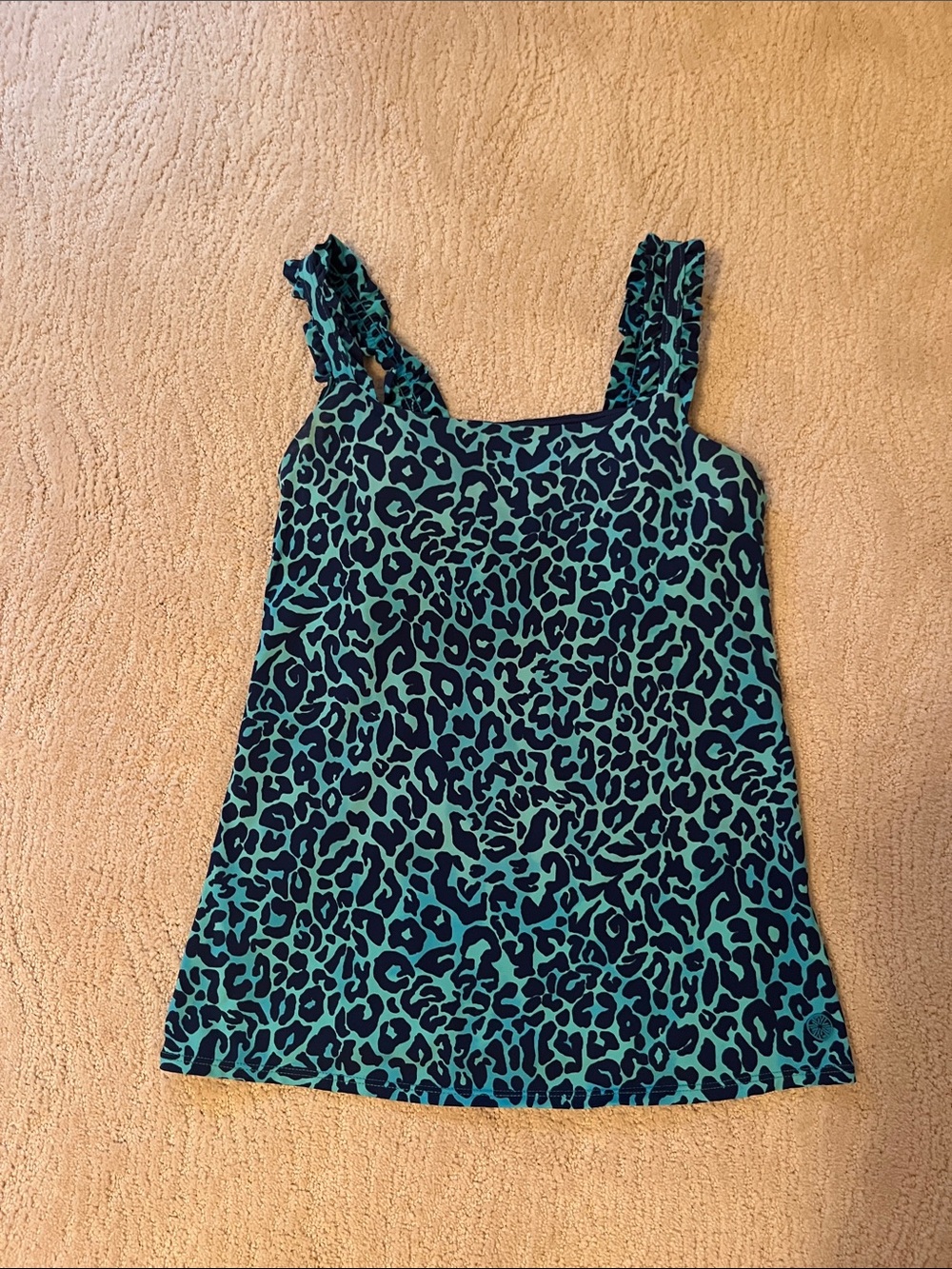 Lilly Pulitzer Teal Blue Leopard Print Ruffle Strap Tank